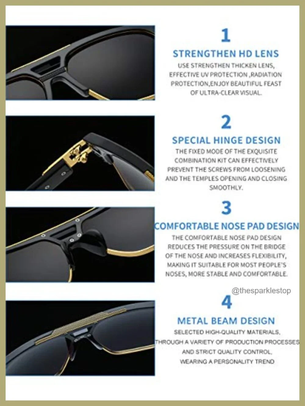 Vintage Oversized Square Sunglasses UV400 Protection Semi-Rimless Gold Alloy